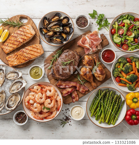 Assorted Grilled Meat, Seafood, and Fresh Vegetables. Healthy Gourmet Food on Rustic Wooden Table Assorted Grilled Meat, Seafood, and Fresh Vegetables. Healthy Gourmet Food on Rustic Wooden Table 133321086