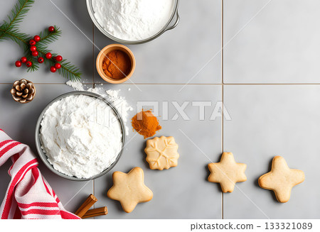 Christmas Baking Ingredients and Holiday Cookies on Kitchen Table 133321089