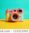 Colorful Retro Camera on Bright Minimal Background - Creative Photography Concept 133321091