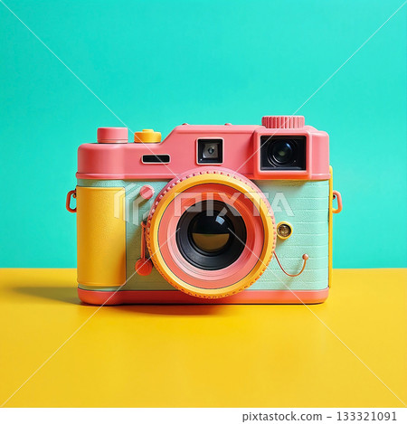Colorful Retro Camera on Bright Minimal Background - Creative Photography Concept 133321091