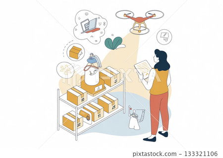 一名員工使用無人機檢查物流倉庫 133321106