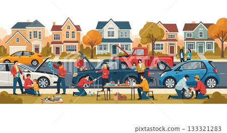 People helping each other around a car in a busy city People helping each other around a car in a busy city 133321283