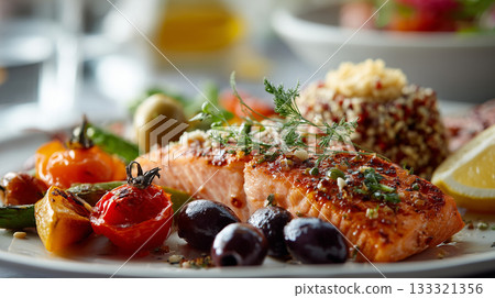 delicious plate of grilled salmon garnished with herbs, accompanied by roasted vegetables, olives, and quinoa salad, creating vibrant and appetizing meal 133321356