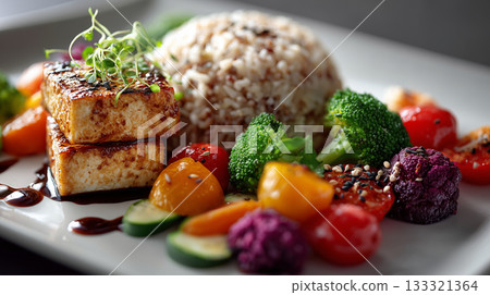 vibrant plate of grilled tofu with side of mixed vegetables and rice, garnished with microgreens and sesame seeds, showcasing healthy and colorful meal 133321364