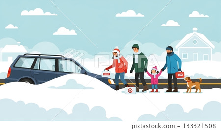 一家人在冬季駕駛途中被大雪困住 133321508