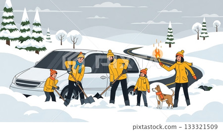 大家齊心協力！一家人努力將埋在雪裡的汽車挖出來。 133321509