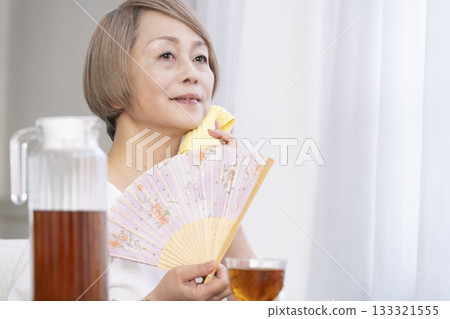 Senior woman cooling off with a fan in the living room Senior woman cooling off with a fan in the living room 133321555