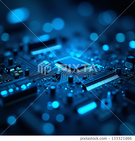 Futuristic motherboard with glowing circuits, shallow depth of field, blue neon light. Selective focus. Blurred 133321866