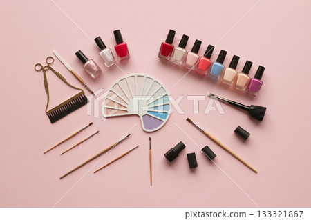 Nail salon tools and color palettes 133321867