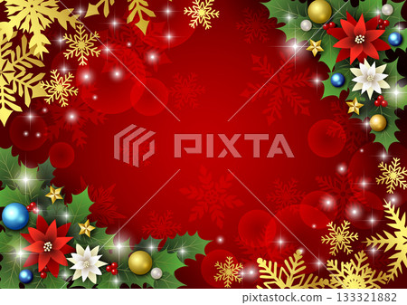 Christmas background, ball, red, poinsettia, holly, cute, illustration, horizontal 133321882