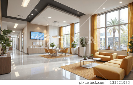 AI-integrated medical office with digital health records stations, comfortable seating, and calming lighting. A modern medical office with AI-integrated digital health record systems, 133321923