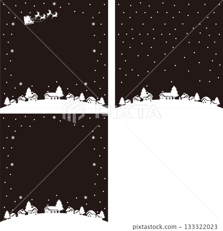 Santa Claus and reindeer frame with snowy cityscape silhouette background card illustration set 133322023