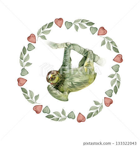 Watercolor illustration of a sloth hanging on a branch inside a green wreath with yellow berries, hand-painted tropical animal art Watercolor illustration of a sloth hanging on a branch inside a green wreath with yellow berries, hand-painted tropical animal art 133322043