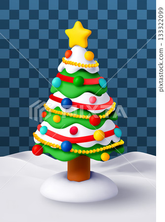 3D green Christmas tree with ornaments in snow. 3D green Christmas tree with ornaments in snow. 133322099