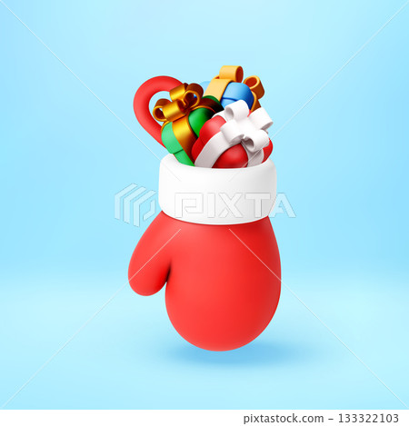 3D Red mitten filled with colorful gift box 3D Red mitten filled with colorful gift box 133322103