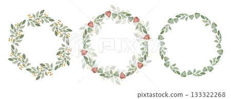 Hand-painted watercolor wreath made of green eucalyptus leaves, botanical circular frame for wedding invitations, cards and natural design projects Hand-painted watercolor wreath made of green eucalyptus leaves, botanical circular frame for wedding invitations, cards and natural design projects 133322268