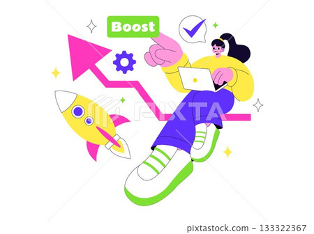 Business Boost Vector Illustration with a Digital Marketing Rocket, Company Career Success in Development and Profit Increase on a Flat Background 133322367