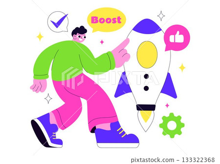 Business Boost Vector Illustration with a Digital Marketing Rocket, Company Career Success in Development and Profit Increase on a Flat Background 133322368