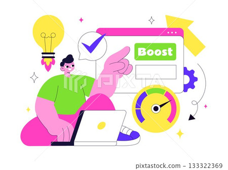 Business Boost Vector Illustration with a Digital Marketing Rocket, Company Career Success in Development and Profit Increase on a Flat Background 133322369