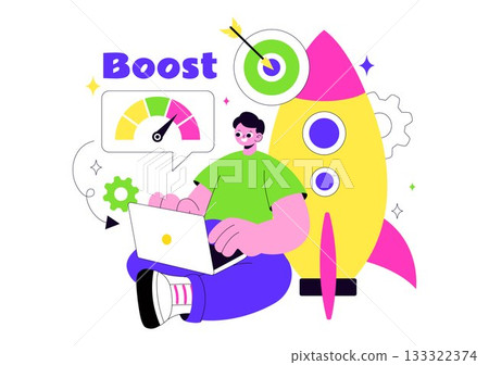 Business Boost Vector Illustration with a Digital Marketing Rocket, Company Career Success in Development and Profit Increase on a Flat Background 133322374