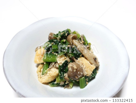 Komatsuna, fried tofu and shimeji mushrooms dressed with sesame miso 133322415