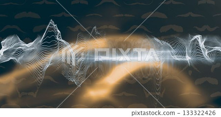 Abstract graphic showing white waveform lines crossing golden-orange arcs on slate-blue background 133322426