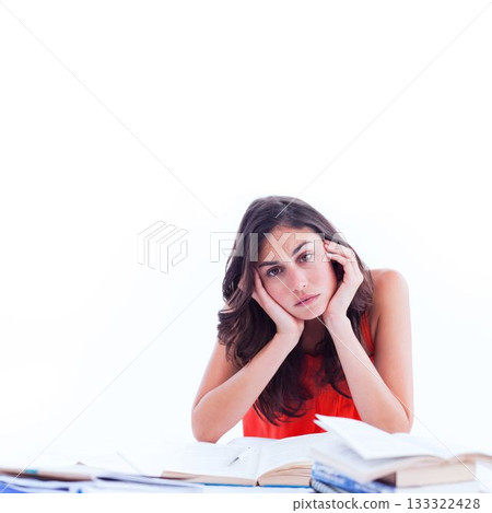 Woman is sitting at desk with open textbooks, loose papers, pen, book stack in flat design Woman is sitting at desk with open textbooks, loose papers, pen, book stack in flat design 133322428