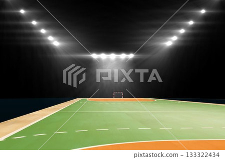 Empty sports court is glowing under spotlights in flat design with green surface and orange zones 133322434