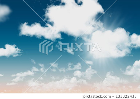 Large cumulus cloud is floating and casting sun rays over flat design sky with pastel horizon 133322435