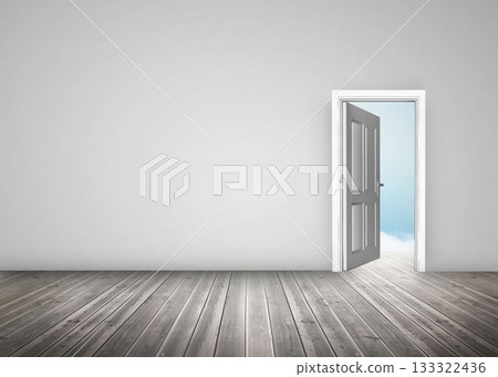 Digitally generated open door on white wall 133322436
