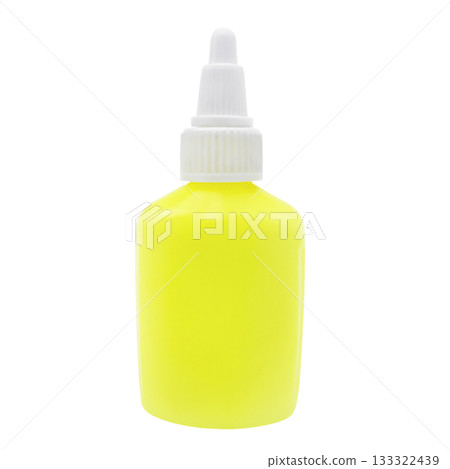 Yellow bottle of PVA glue with white cap isolated on white Yellow bottle of PVA glue with white cap isolated on white 133322439