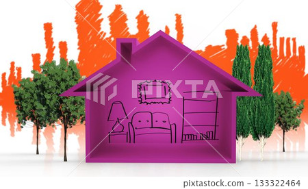 Flat design magenta house is sitting on white base showing interior with green trees orange skyline Flat design magenta house is sitting on white base showing interior with green trees orange skyline 133322464