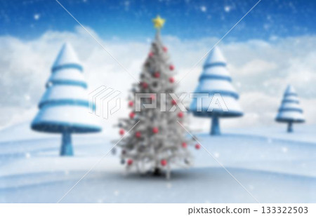 Flat design Christmas tree with red baubles and star-topper is standing among spiral trees in snow Flat design Christmas tree with red baubles and star-topper is standing among spiral trees in snow 133322503