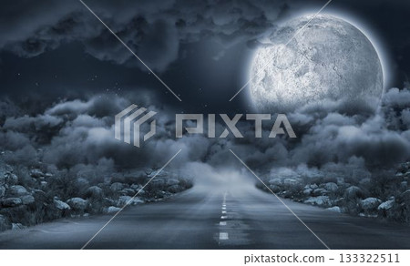 Landscape of a road between stone in front of the moon 133322511