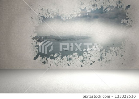 Flat design gallery is showcasing paint-splash with grayscale river, boats and shoreline buildings Flat design gallery is showcasing paint-splash with grayscale river, boats and shoreline buildings 133322530