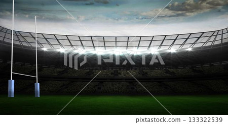 Flat design rugby goalposts are standing left in stadium, highlighting green pitch and floodlights 133322539