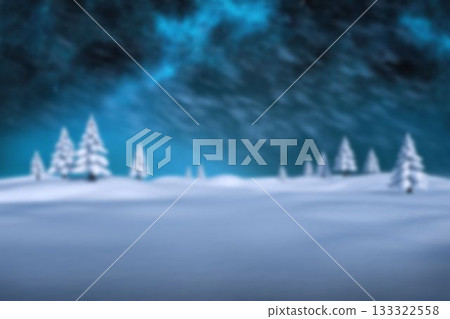 Snow-laden pine trees are standing in snowy field, flat design with soft aurora glow 133322558