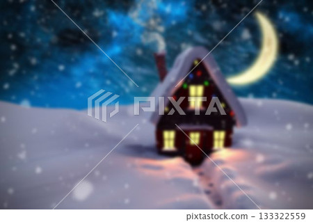 Solitary cabin is glowing with light and string lights in flat design night under moon, snowfall Solitary cabin is glowing with light and string lights in flat design night under moon, snowfall 133322559
