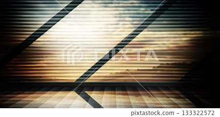 Featuring flat design slanted glass with shading lines, metal beams over shiny tiles under sunset 133322572