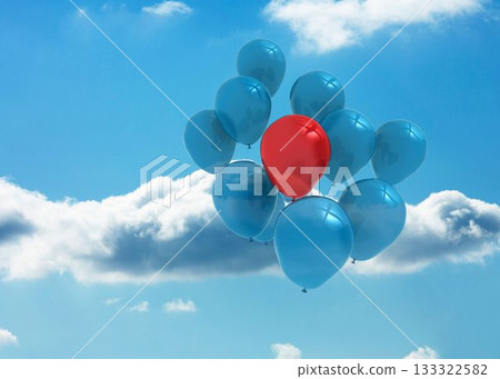 Glossy red and blue balloons are floating in flat style against blue sky with fluffy clouds Glossy red and blue balloons are floating in flat style against blue sky with fluffy clouds 133322582