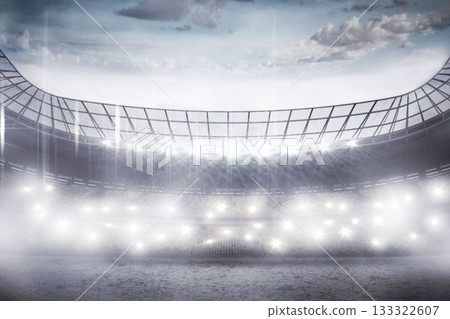 Flat design stadium interior is glowing with floodlights showing misty field, beams and cloudy sky Flat design stadium interior is glowing with floodlights showing misty field, beams and cloudy sky 133322607
