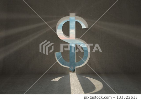 Minimalist flat art is showing dollar sign cutout in concrete room, casting mountains with sunbeams 133322615