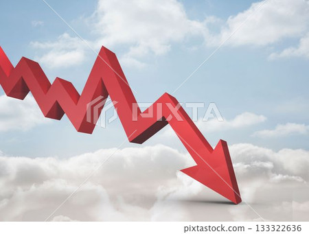 Red arrow pointing down against blue sky Red arrow pointing down against blue sky 133322636