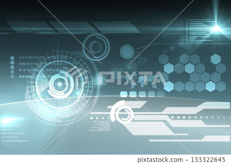 Futuristic flat UI is showing concentric circular HUD glowing over teal gradient, hexagon grid 133322645