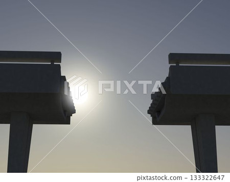 Flat design showing unfinished concrete bridge segments facing gap on pillars under sunrise sky Flat design showing unfinished concrete bridge segments facing gap on pillars under sunrise sky 133322647
