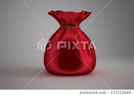 Red velvet sack is sitting on smooth light-grey gradient tabletop in 3D render, showing gold cord Red velvet sack is sitting on smooth light-grey gradient tabletop in 3D render, showing gold cord 133322648