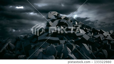 3D heap of broken pound sign and rocks against cloudy sky 133322660