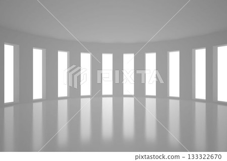 Series of tall narrow windows is being shown in 3D render curved hall, with reflective floor Series of tall narrow windows is being shown in 3D render curved hall, with reflective floor 133322670