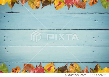 Colorful autumn leaves are framing rustic blue wooden plank surface in flat design 133322696