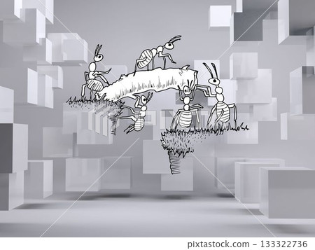 Working ants in grey room with cubes 133322736
